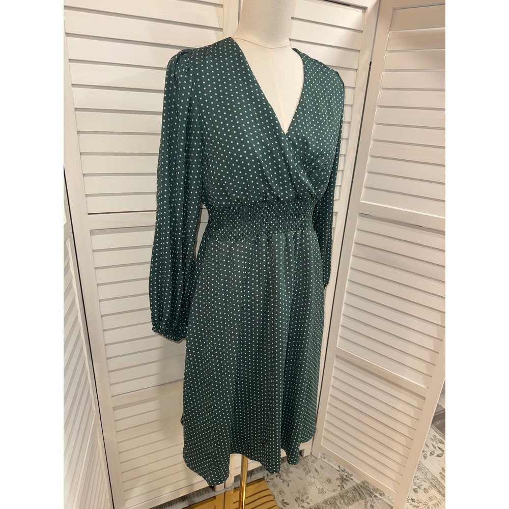 Draper James RSVP Midi Dress Womens Small Green Polka Dot Smocked Waist V-Neck S - Picture 3 of 7